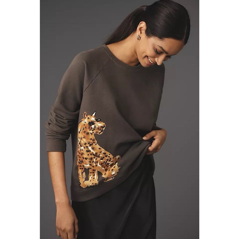 Anthropologie Women’s XS LouLou Avenue Cheetah Graphic Sweatshirt Pullover Gray